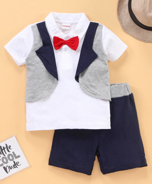 Half Sleeves T-Shirt & Shorts Set Bow Attached – Blue White