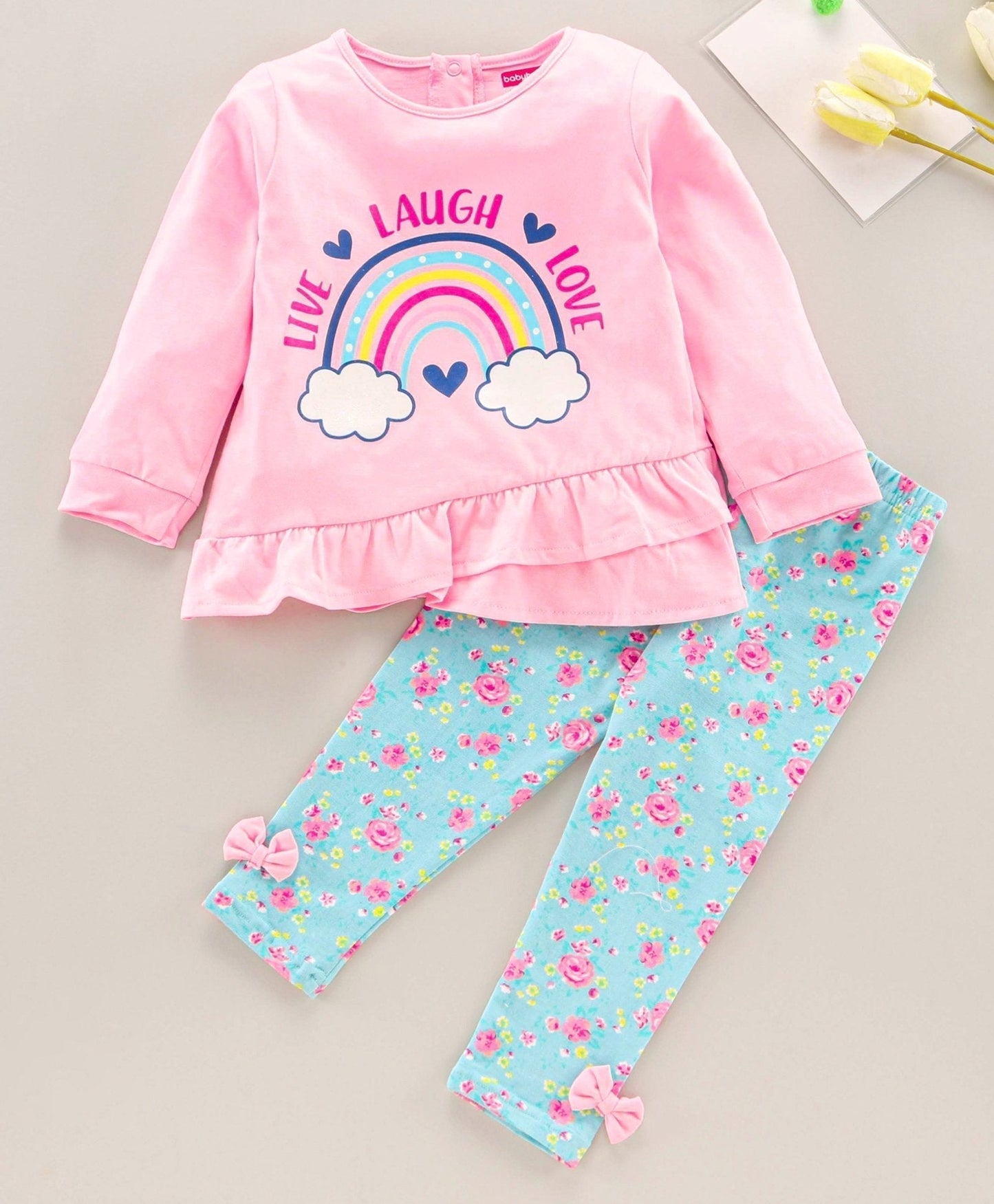 Babyhug Full Sleeves Top & Leggings Rainbow Print – Pink