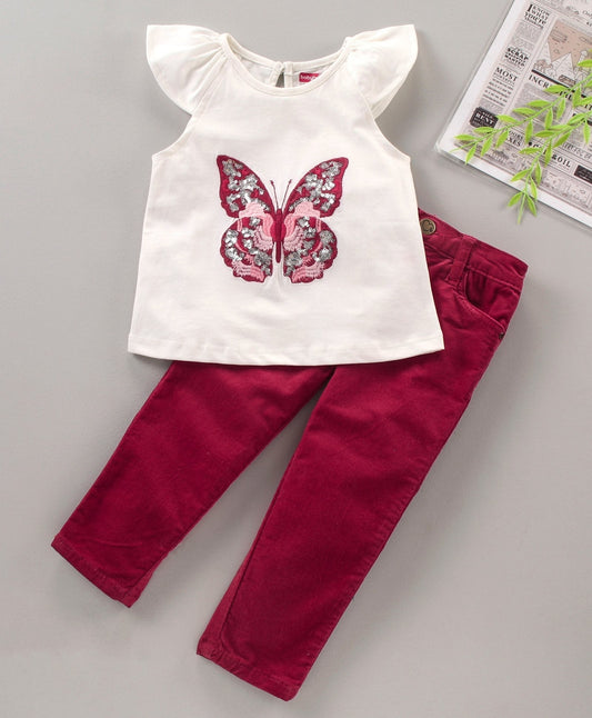 Short Sleeves Top & Jeans Set Butterfly Embroidery – Red White