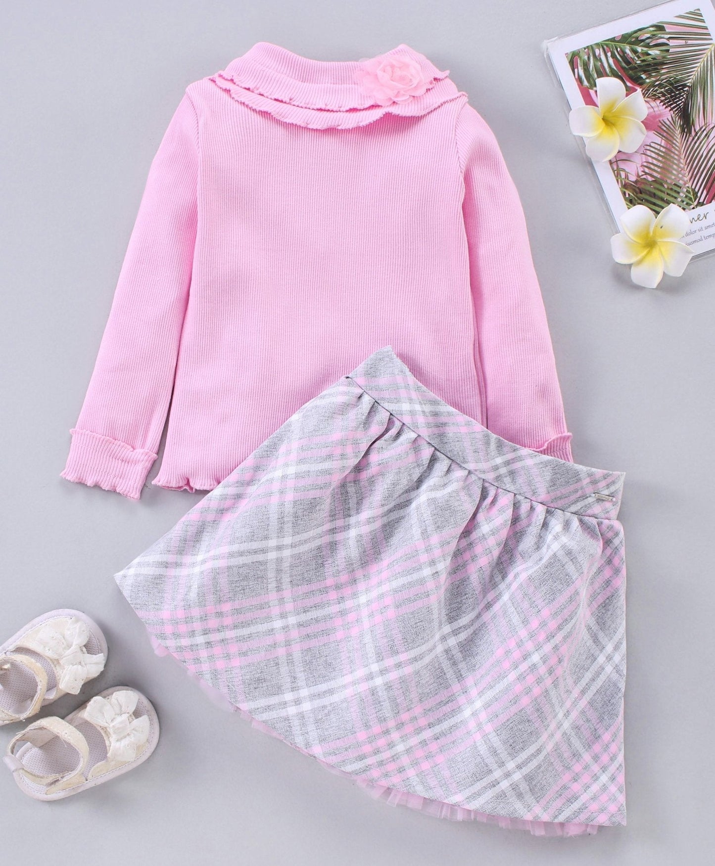 Babyhug Full Sleeves Top & Checked Skirt – Pink Grey