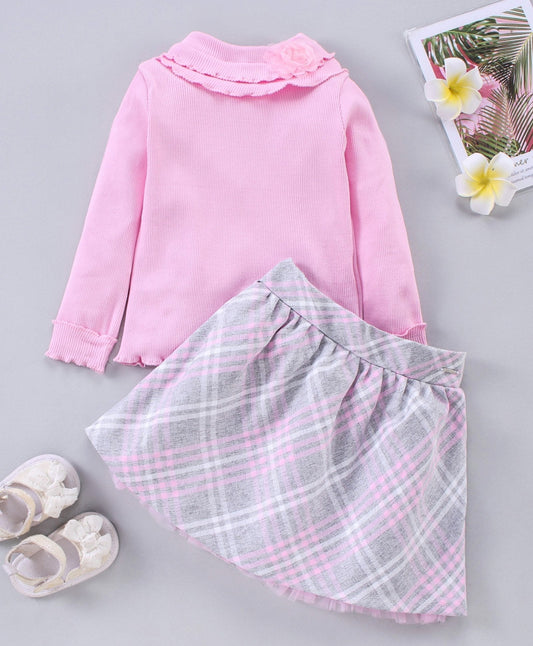 Babyhug Full Sleeves Top & Checked Skirt – Pink Grey