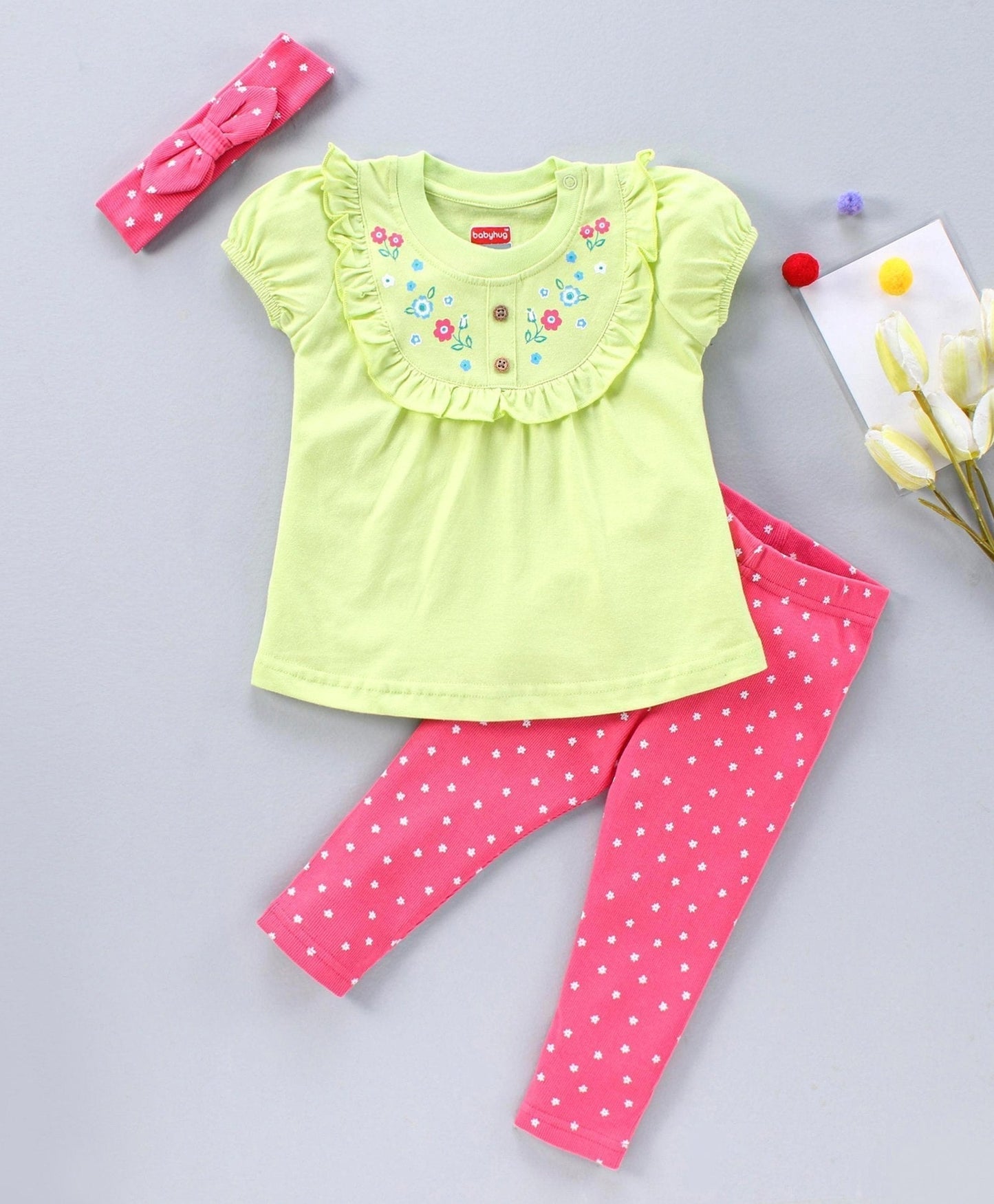 Short Sleeves Top and Leggings Set with Hairband Floral Embroidery Polka Dot Print – Lime Pink