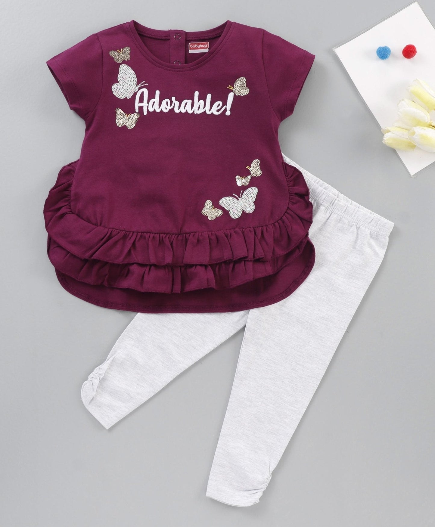 Short Sleeves Top & Leggings Butterfly Sequin – Purple