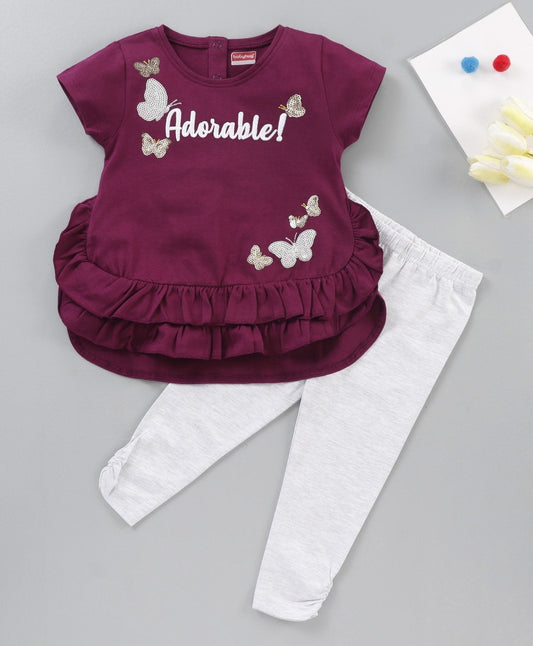 Short Sleeves Top & Leggings Butterfly Sequin – Purple