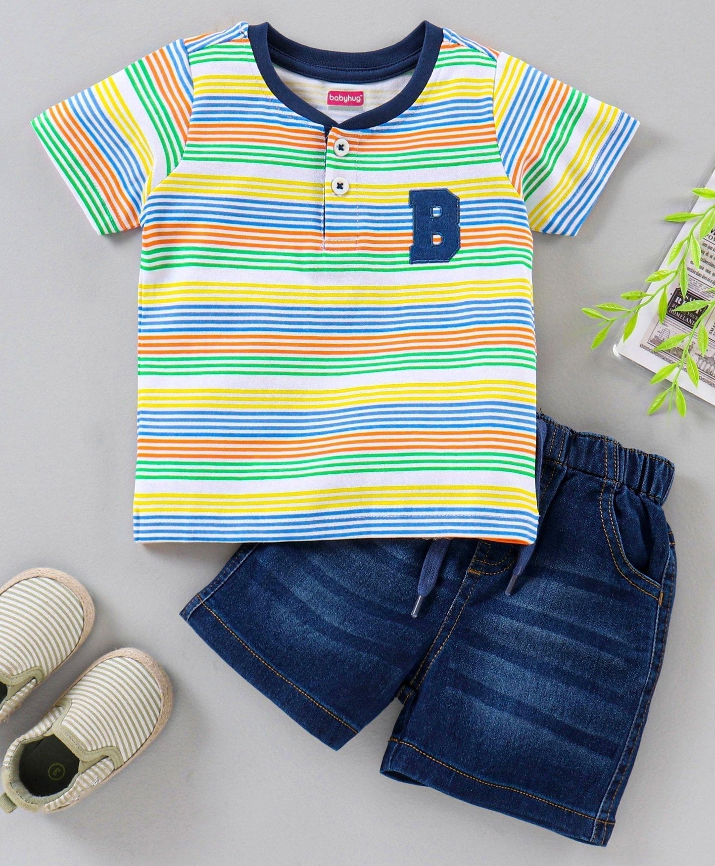 Babyhug Half Sleeves Striped Henley Tee and Denim Shorts Set – Blue Green