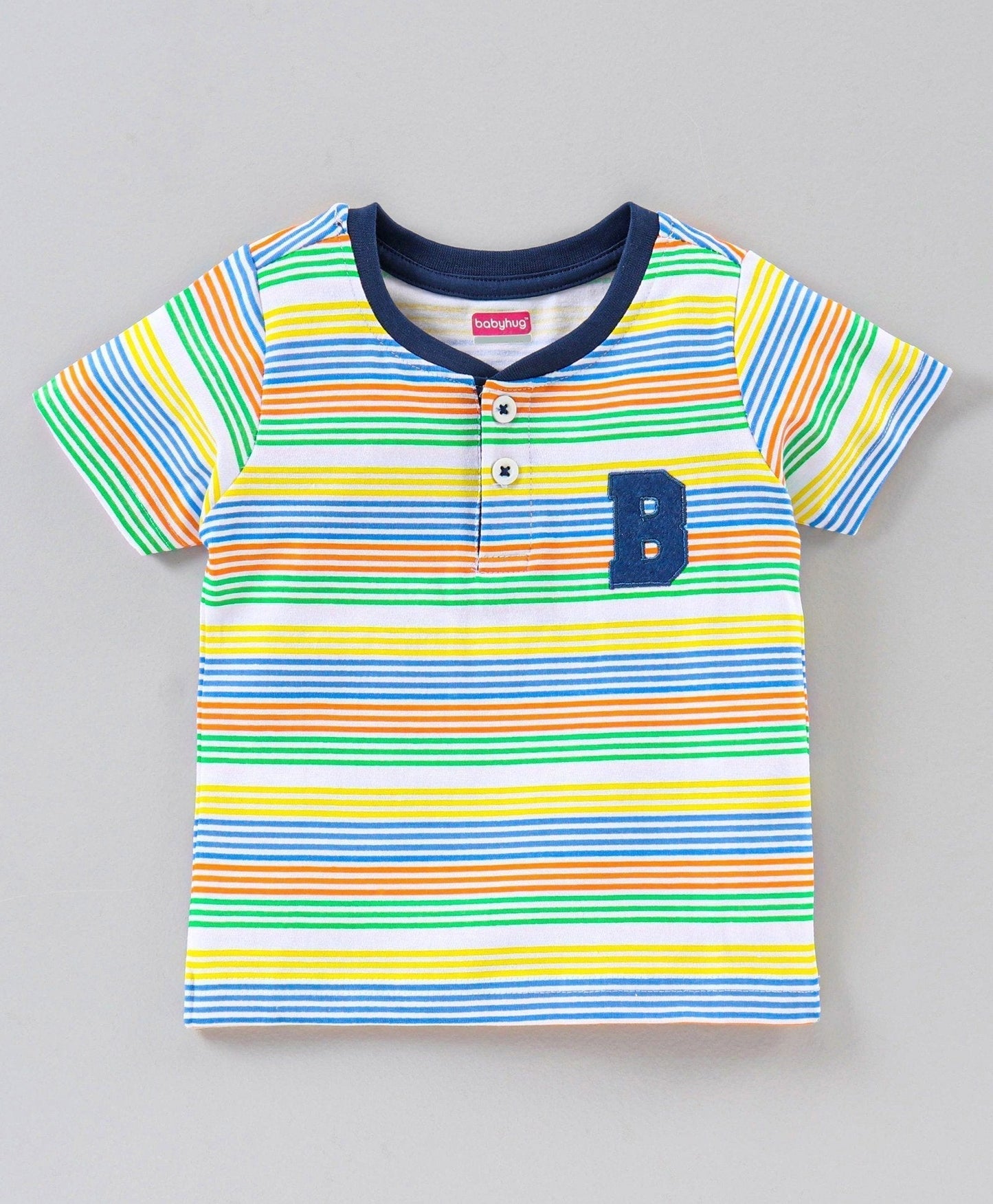 Babyhug Half Sleeves Striped Henley Tee and Denim Shorts Set – Blue Green