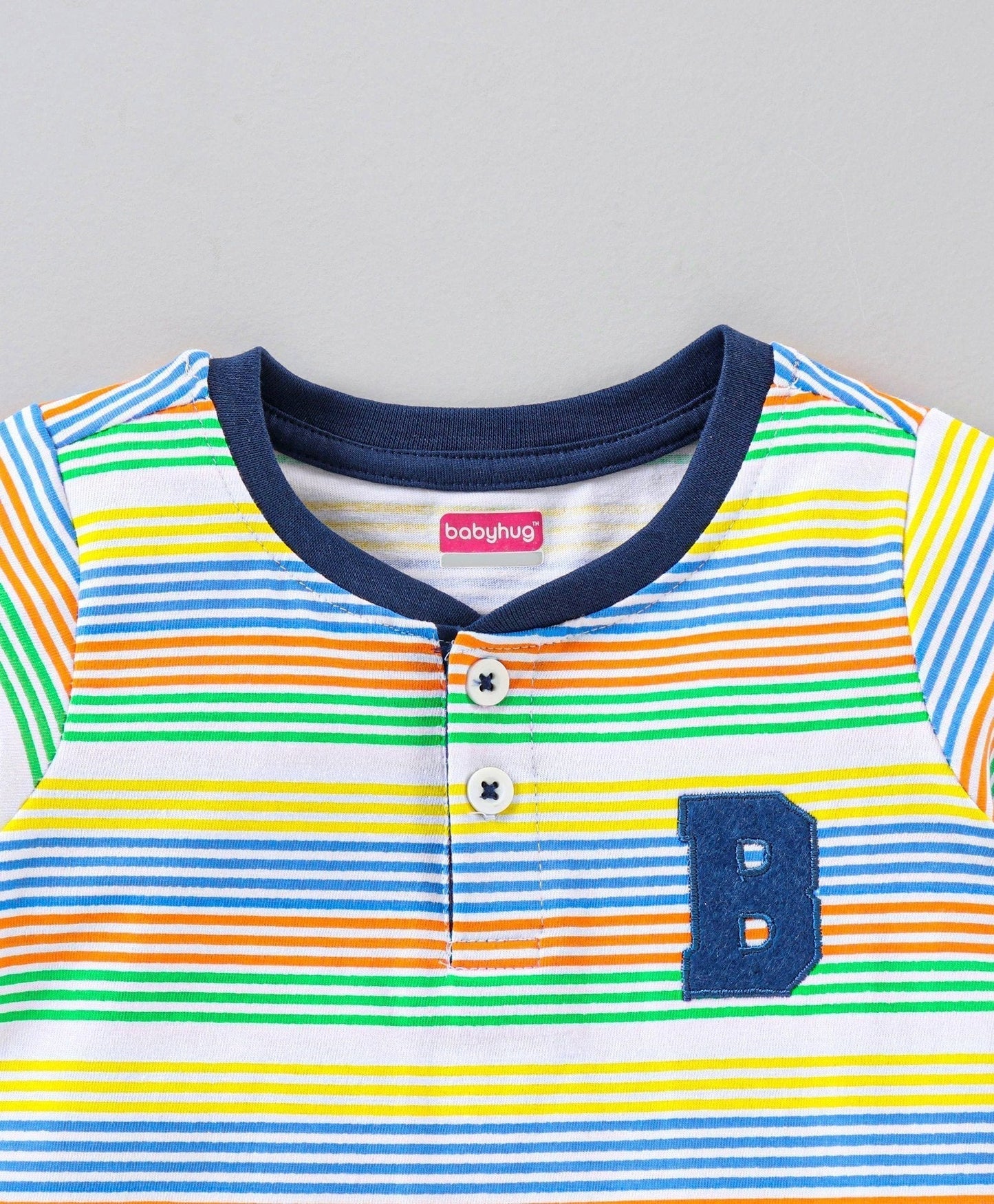Babyhug Half Sleeves Striped Henley Tee and Denim Shorts Set – Blue Green