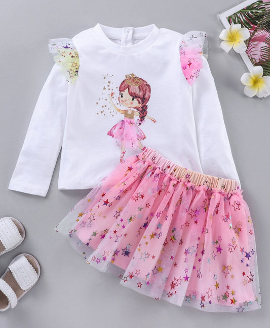 Full Sleeves Top and Skirt Set Glitter Princess Print – White Pink