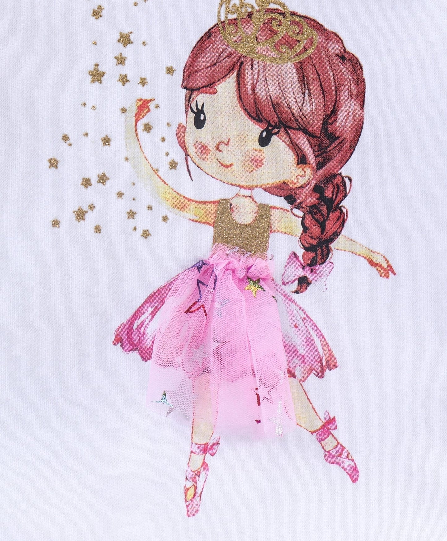 Full Sleeves Top and Skirt Set Glitter Princess Print – White Pink