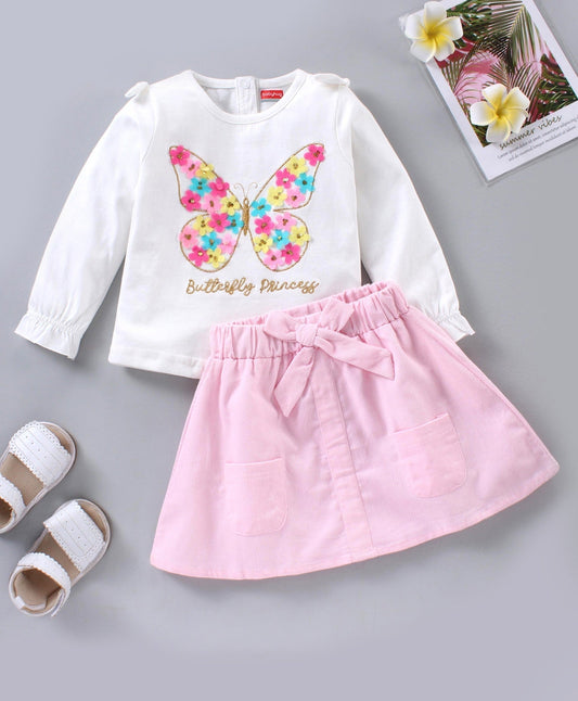 Full Sleeves Top & Skirt Floral Applique with Butterfly Design – White Pink