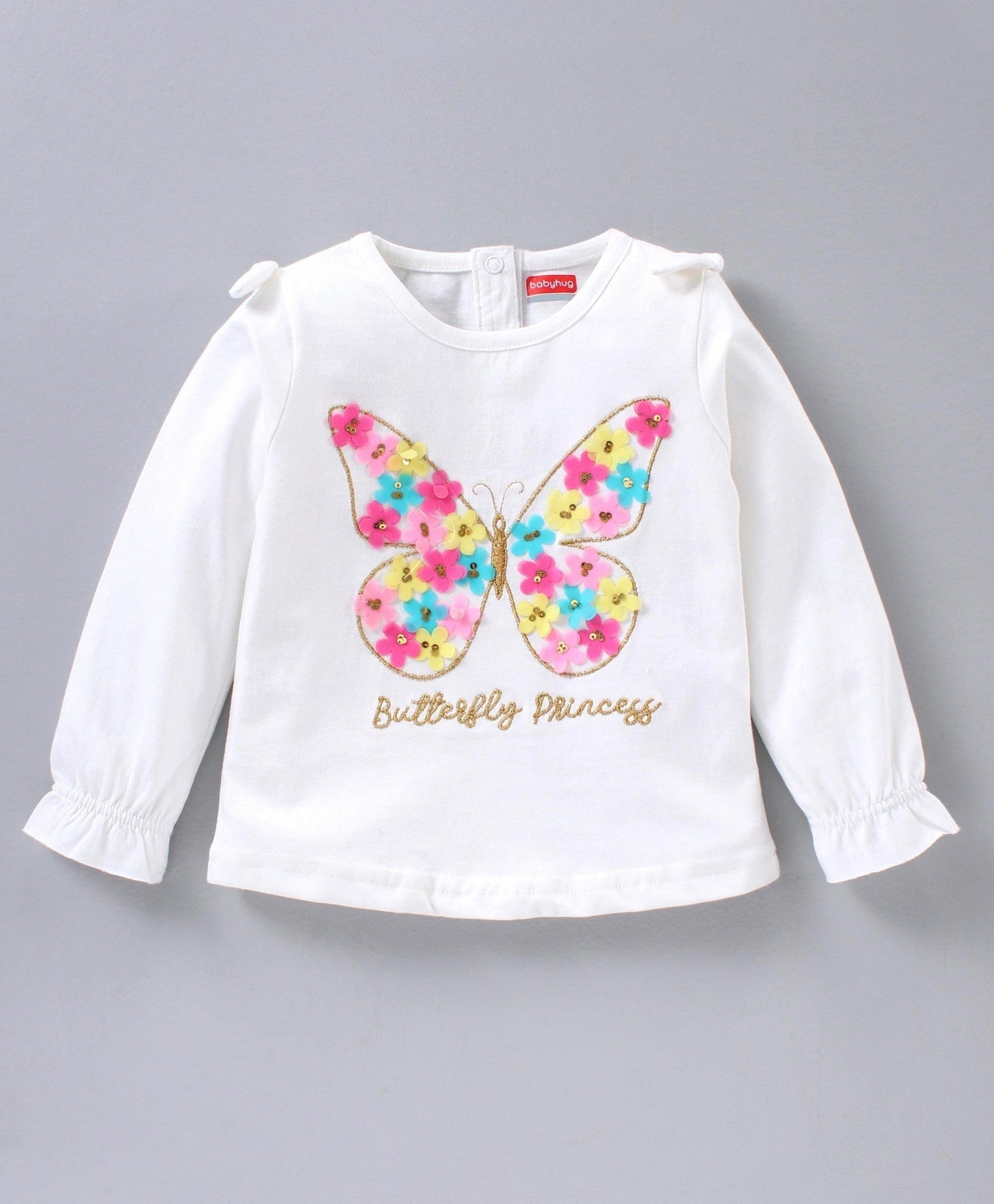 Full Sleeves Top & Skirt Floral Applique with Butterfly Design – White Pink