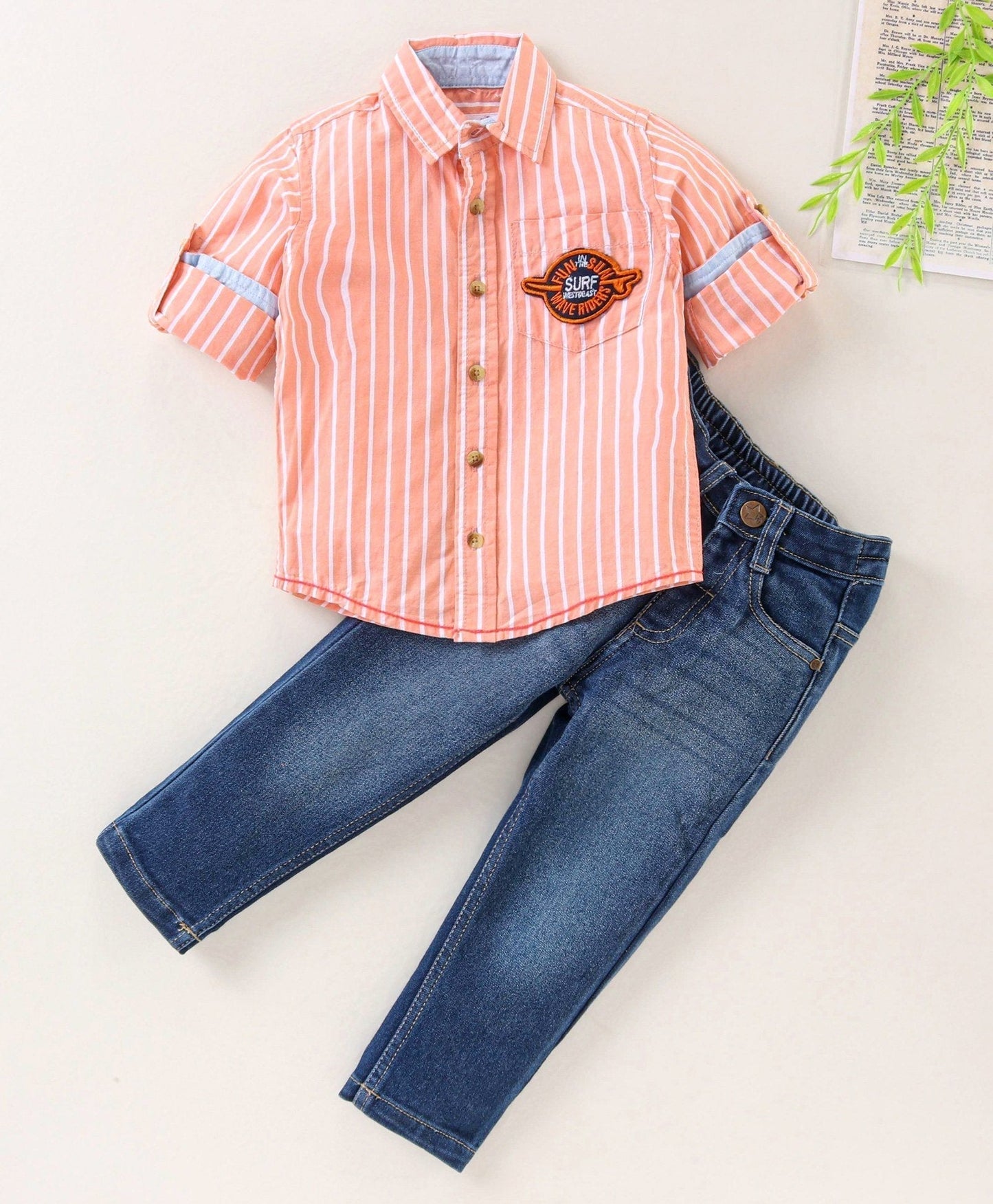 Babyhug Full Sleeves Striped Shirt and Jeans Set – Peach