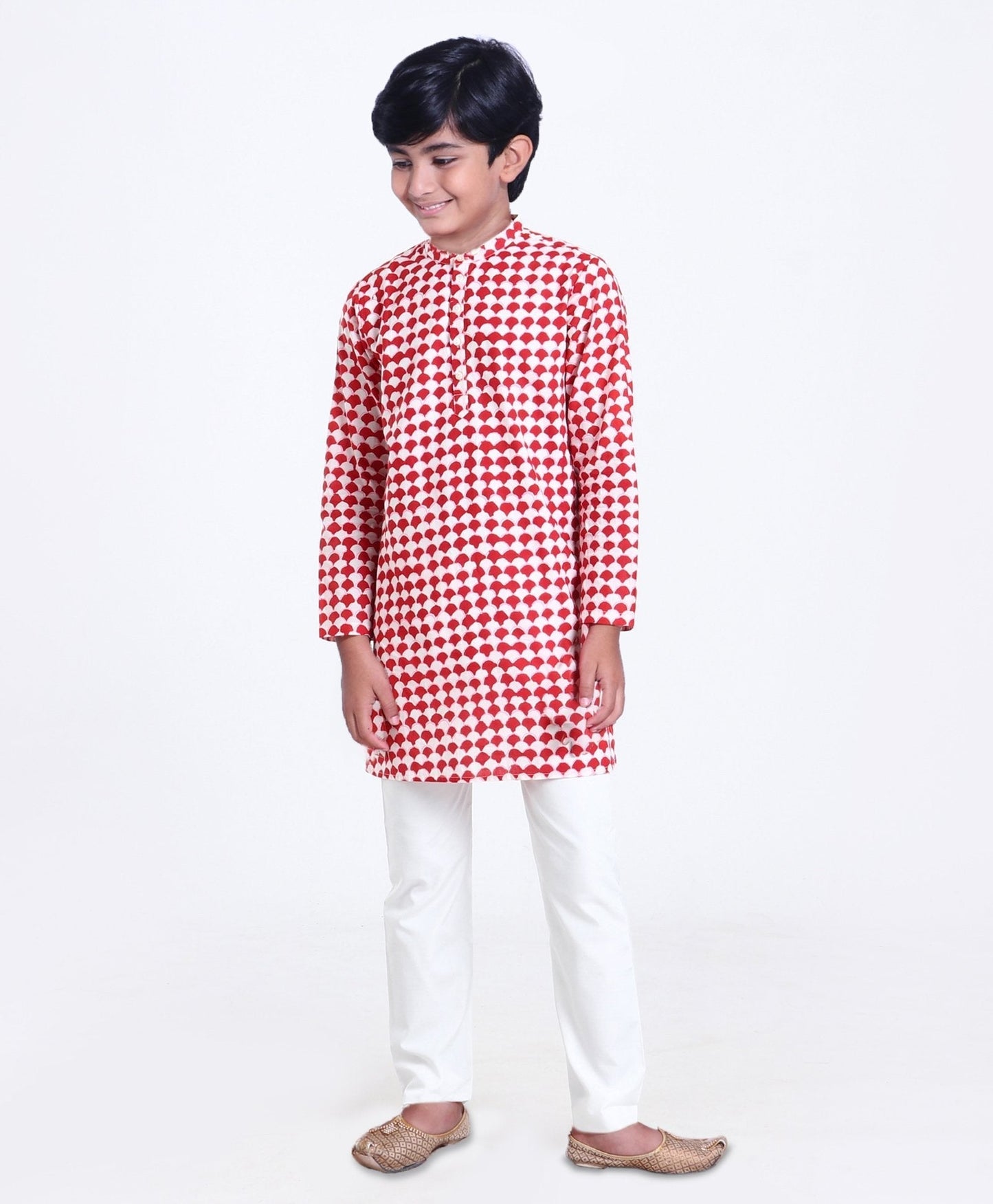 Kids Full Sleeves Printed Kurta Pyjama Set - Red White