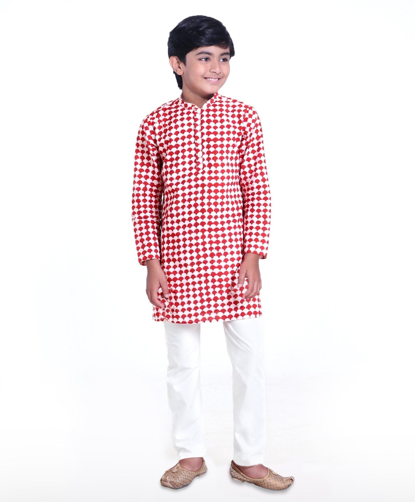 Kids Full Sleeves Printed Kurta Pyjama Set - Red White