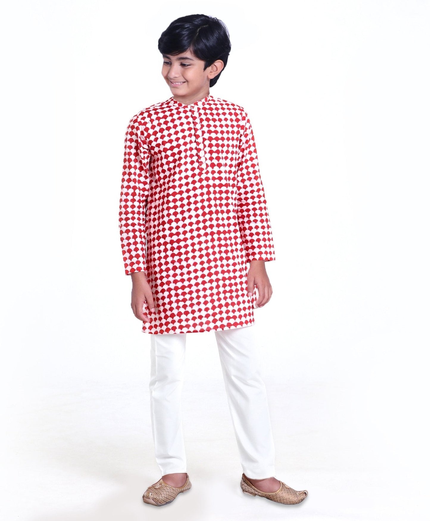 Kids Full Sleeves Printed Kurta Pyjama Set - Red White