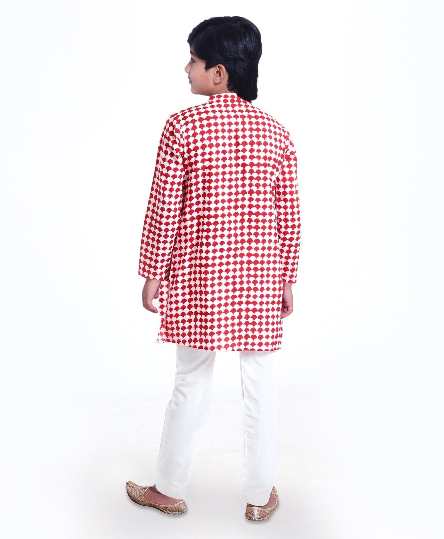 Kids Full Sleeves Printed Kurta Pyjama Set - Red White