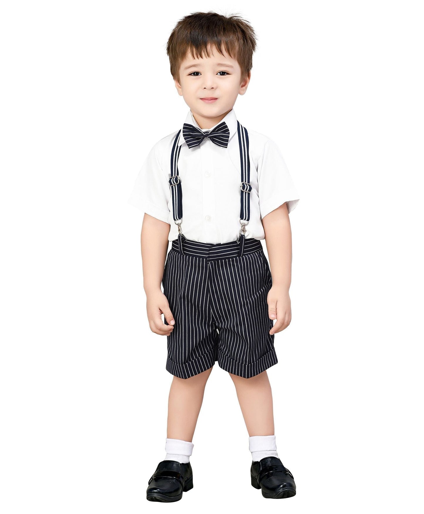 Jeet Ethnics Half Sleeves Shirt With Striped Shorts & Suspender With Bow Tie - Navy Blue