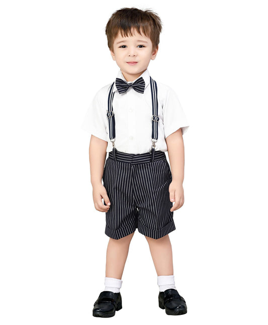 Jeet Ethnics Half Sleeves Shirt With Striped Shorts & Suspender With Bow Tie - Navy Blue