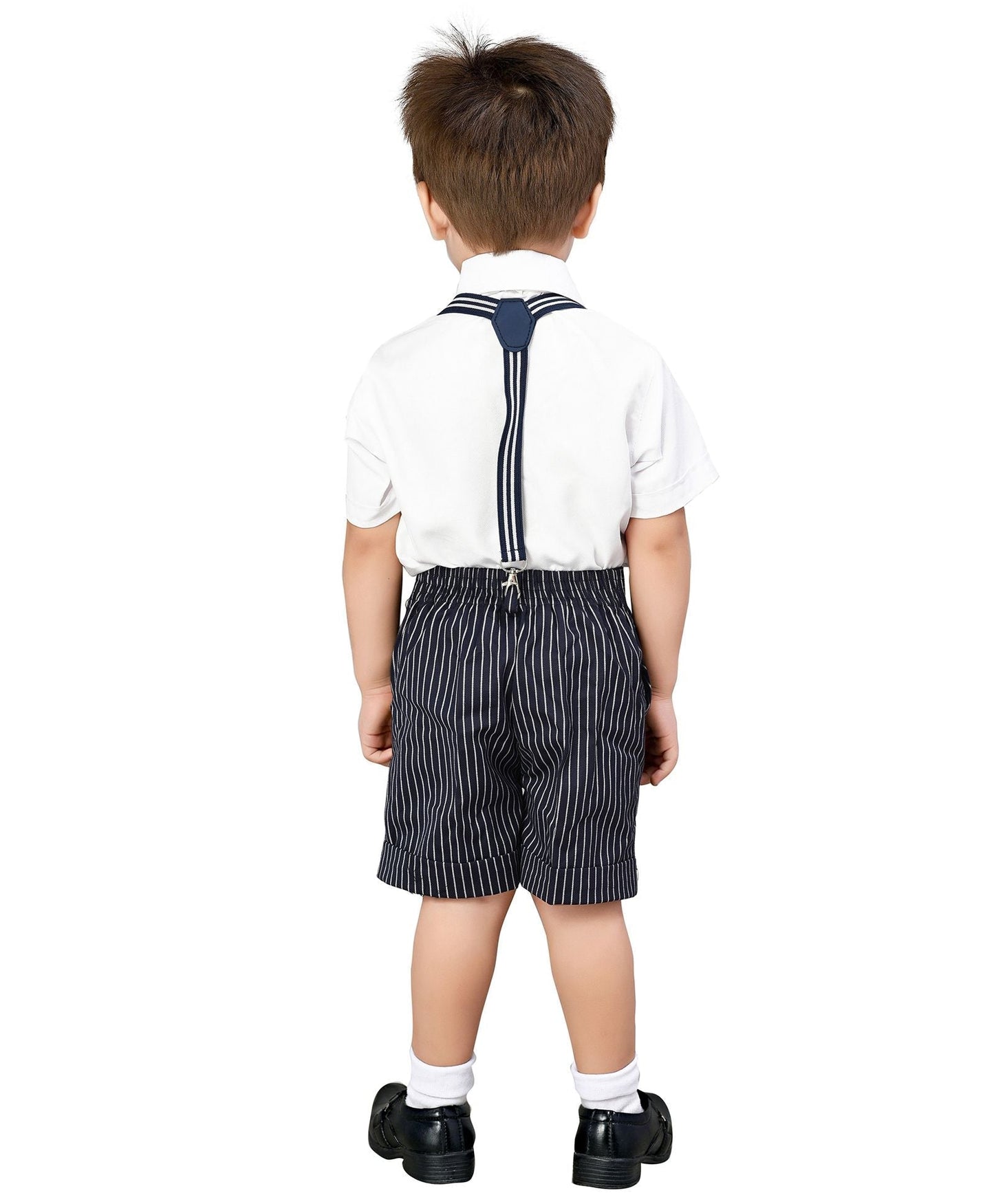 Jeet Ethnics Half Sleeves Shirt With Striped Shorts & Suspender With Bow Tie - Navy Blue