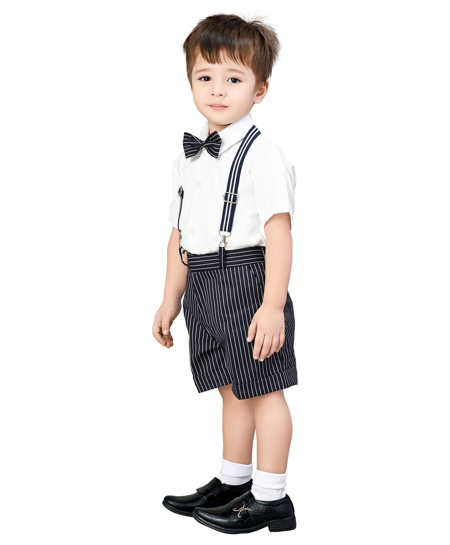 Jeet Ethnics Half Sleeves Shirt With Striped Shorts & Suspender With Bow Tie - Navy Blue