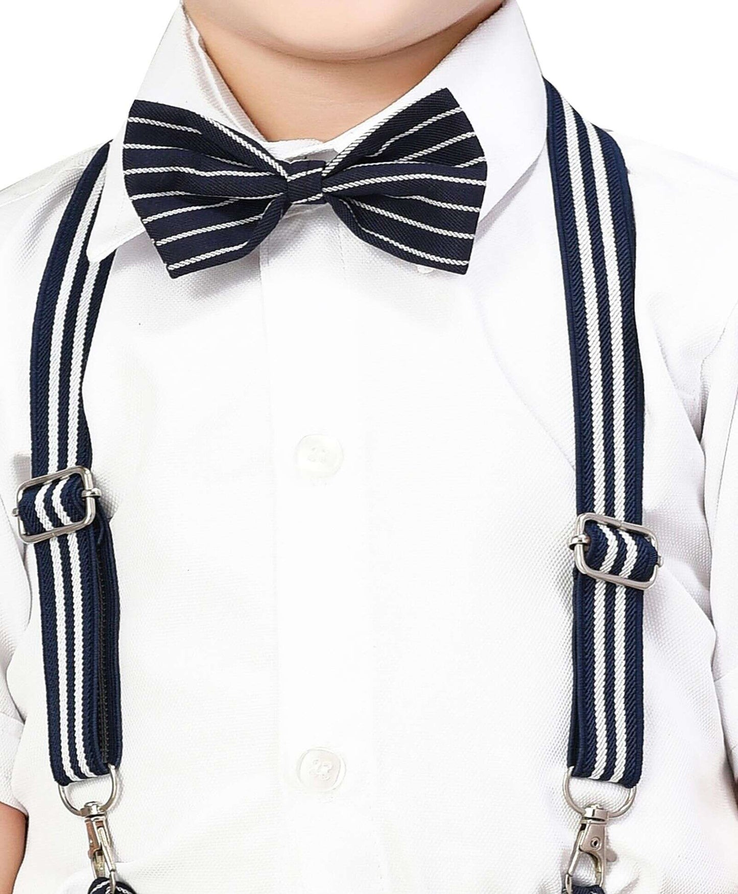 Jeet Ethnics Half Sleeves Shirt With Striped Shorts & Suspender With Bow Tie - Navy Blue