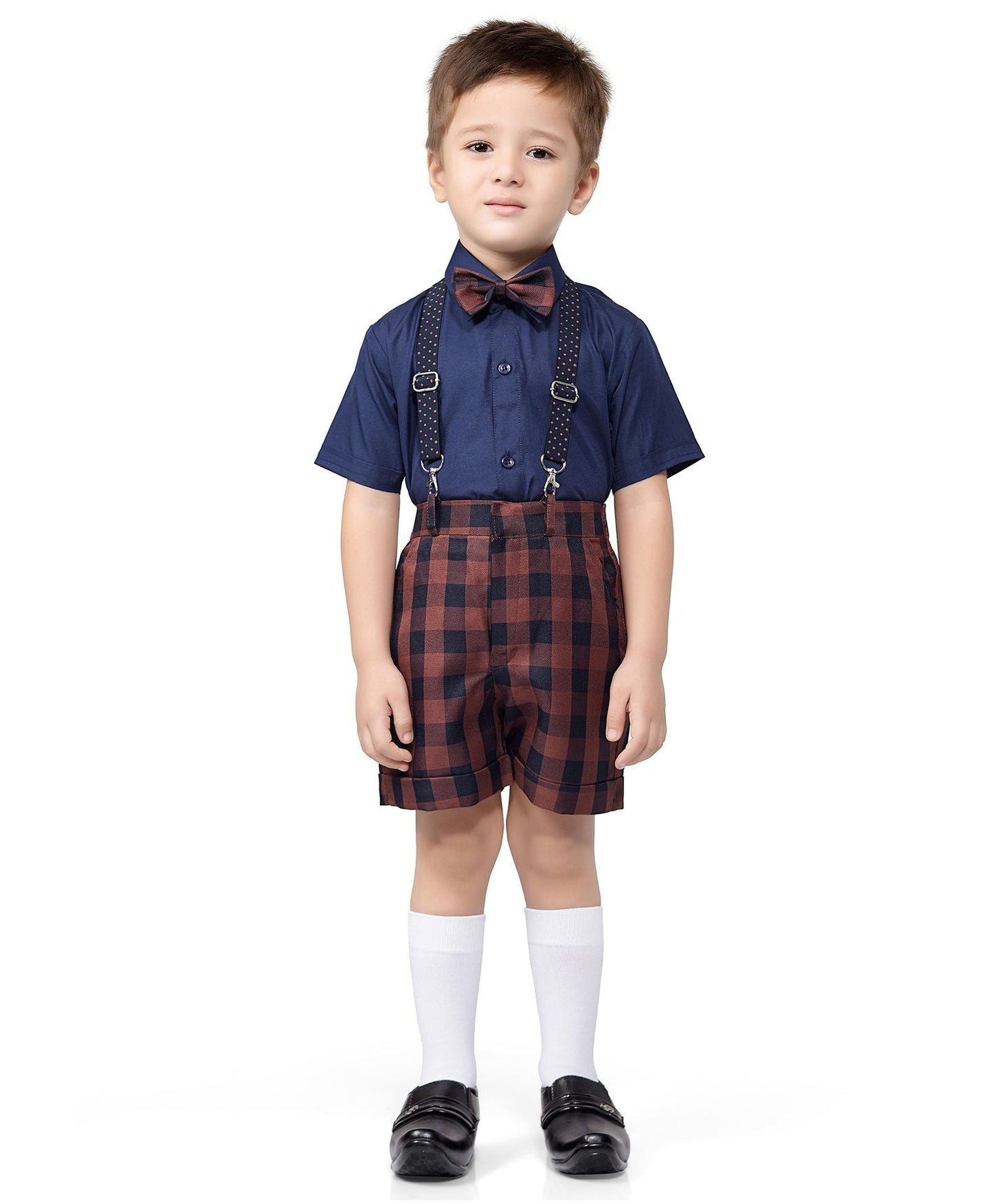 Jeet Ethnics Half Sleeves Shirt With Checkered Shorts & Suspender With Bow Tie - Navy Blue & White