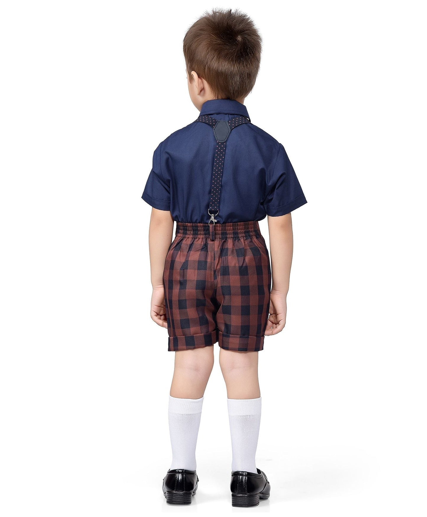 Jeet Ethnics Half Sleeves Shirt With Checkered Shorts & Suspender With Bow Tie - Navy Blue & White