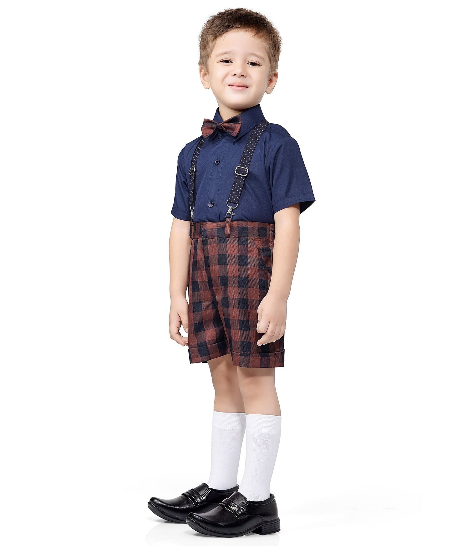 Jeet Ethnics Half Sleeves Shirt With Checkered Shorts & Suspender With Bow Tie - Navy Blue & White