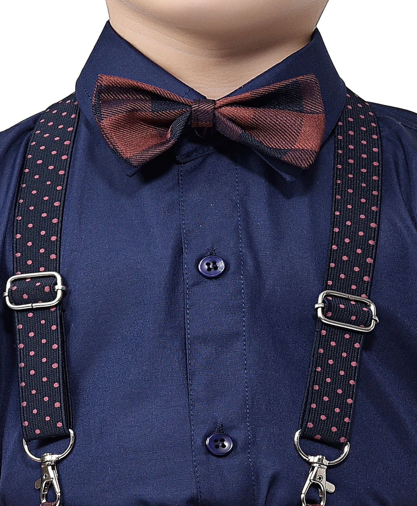 Jeet Ethnics Half Sleeves Shirt With Checkered Shorts & Suspender With Bow Tie - Navy Blue & White