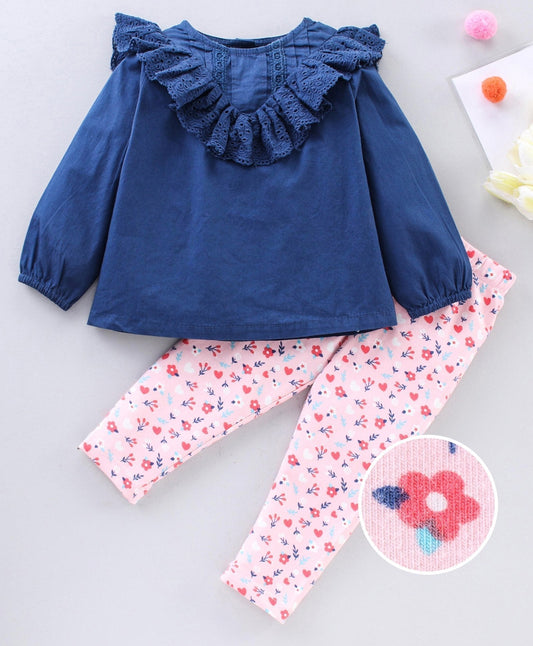 Babyhug Full Sleeves Frilled Neck Top and Leggings Set Floral Print – Navy Blue