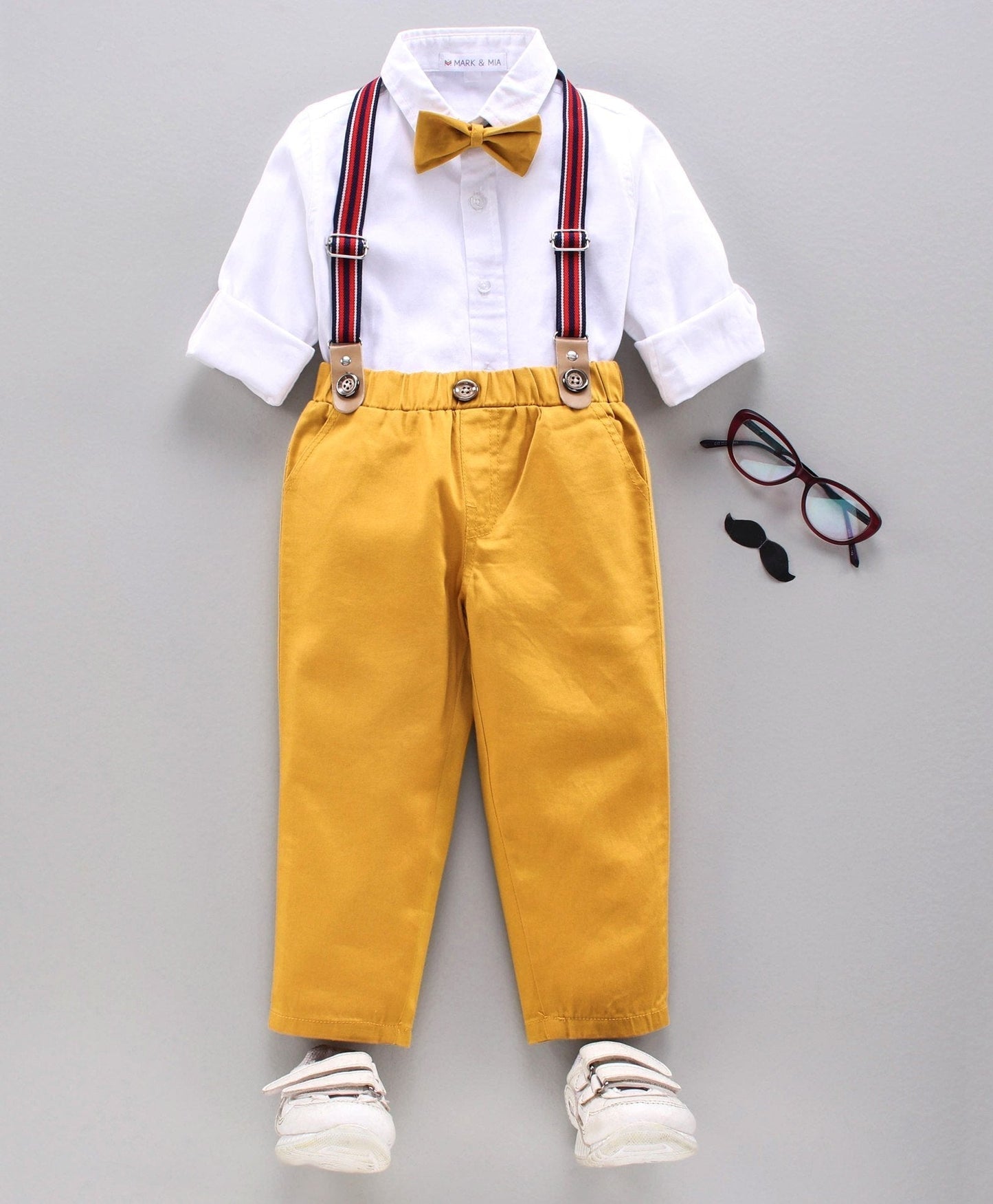 Mark & Mia Full Sleeves Shirt & Trouser With Tie Bow - Yellow White