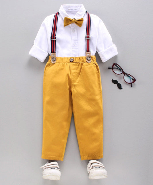 Mark & Mia Full Sleeves Shirt & Trouser With Tie Bow - Yellow White