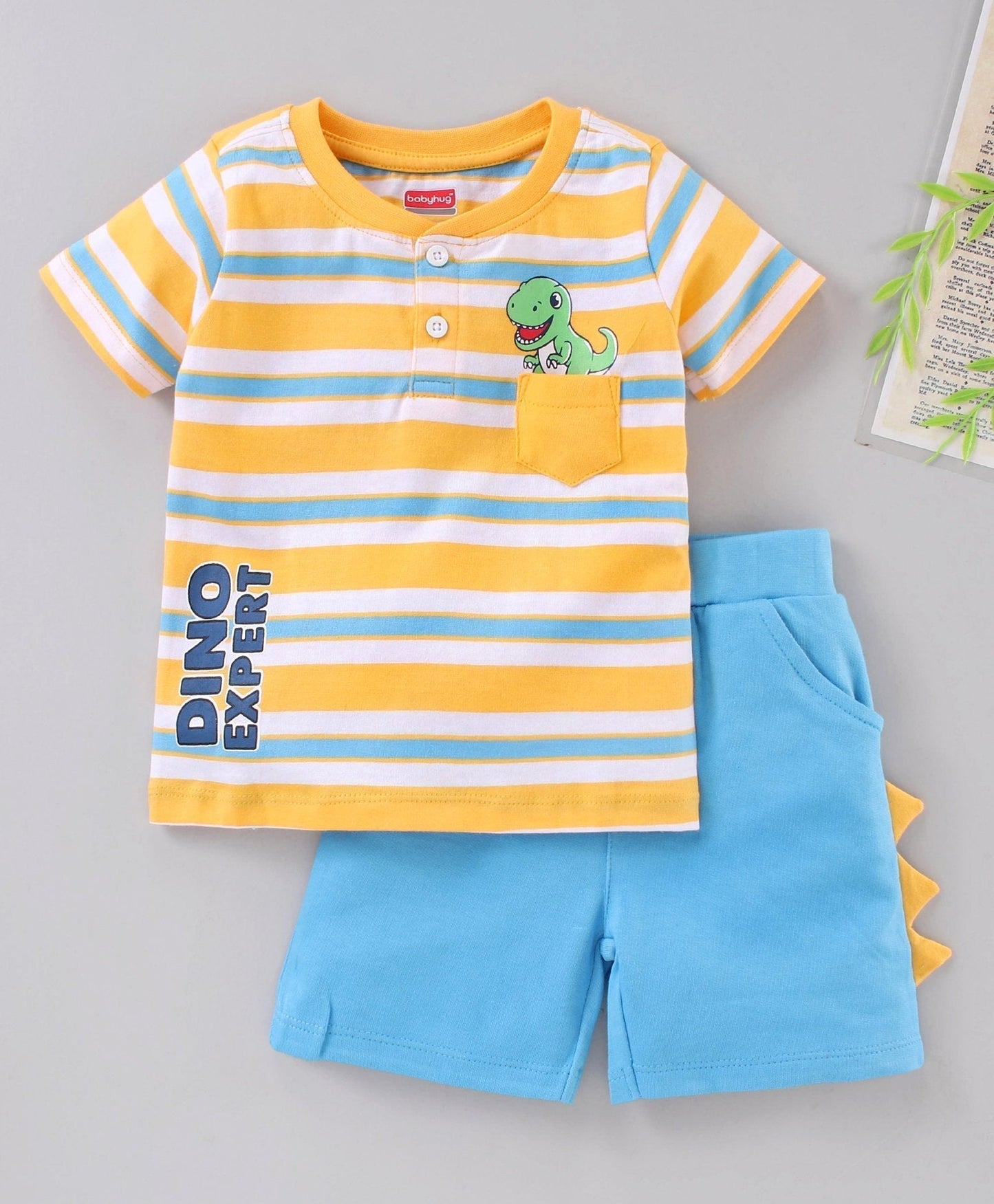 Half Sleeves Striped Tee and Shorts Set Dino Print – Yellow Blue