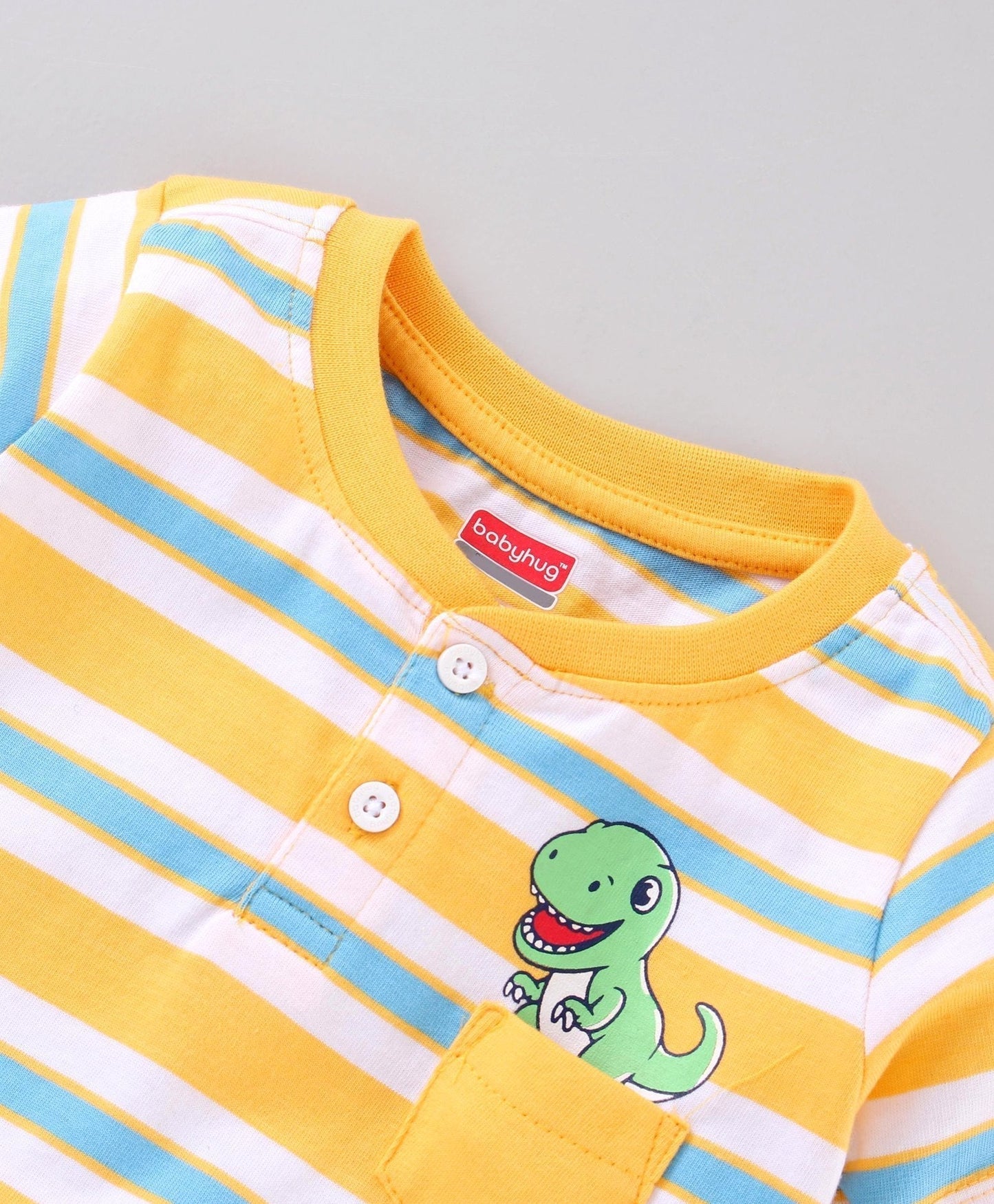 Half Sleeves Striped Tee and Shorts Set Dino Print – Yellow Blue