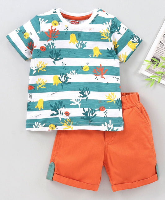 Half Sleeves T-Shirt & Shorts Set Striped – Orange White