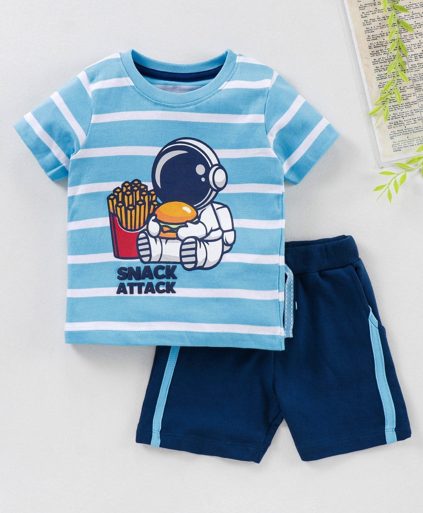 Babyhug Half Sleeves Striped T-Shirt and Shorts Set Astronaut Print – Blue Navy