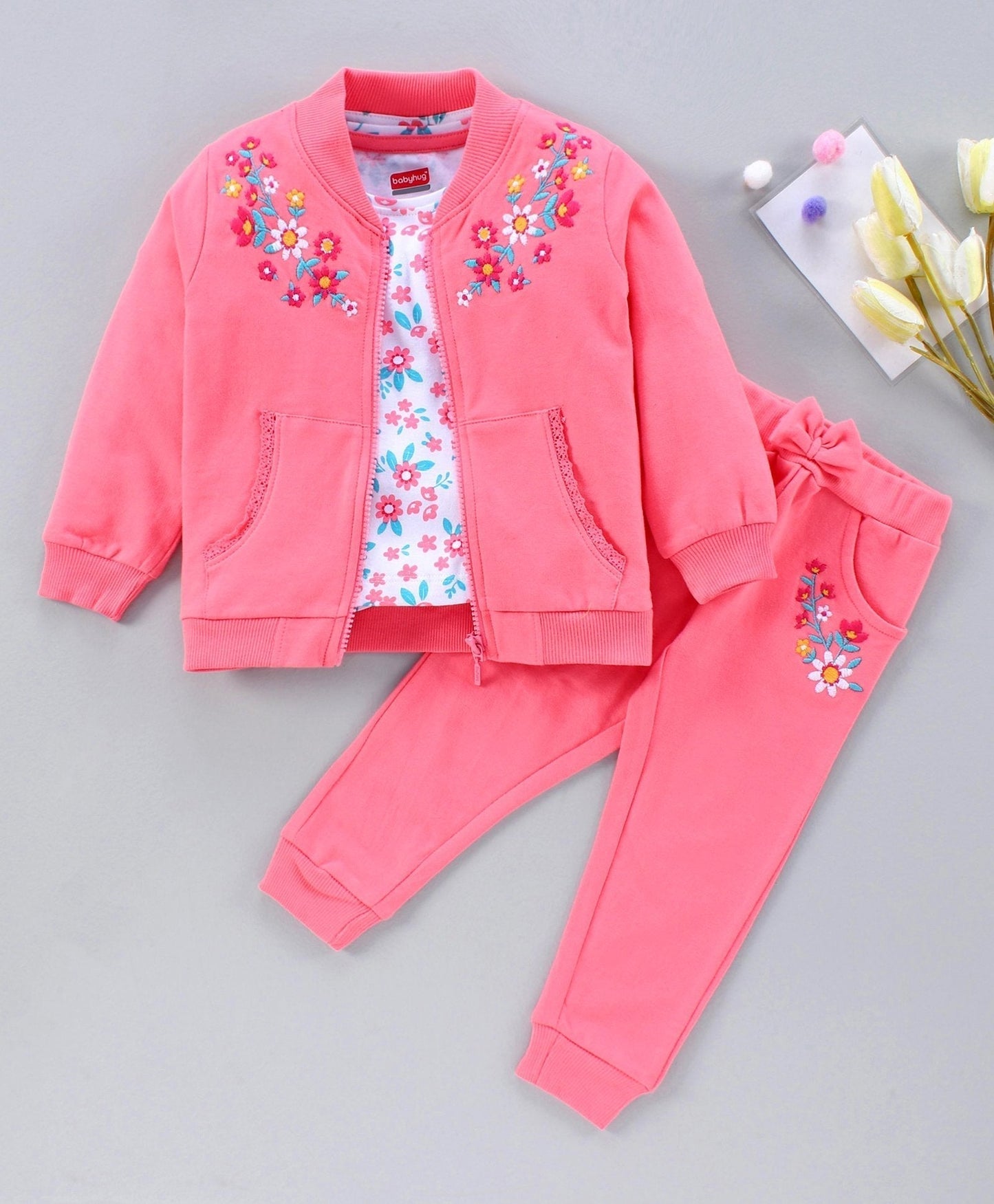 Babyhug Full Sleeves Jacket Top and Jeggings Set Floral Print and Embroidery – Pink