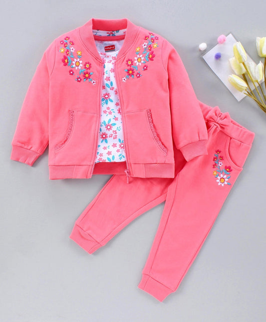 Babyhug Full Sleeves Jacket Top and Jeggings Set Floral Print and Embroidery – Pink