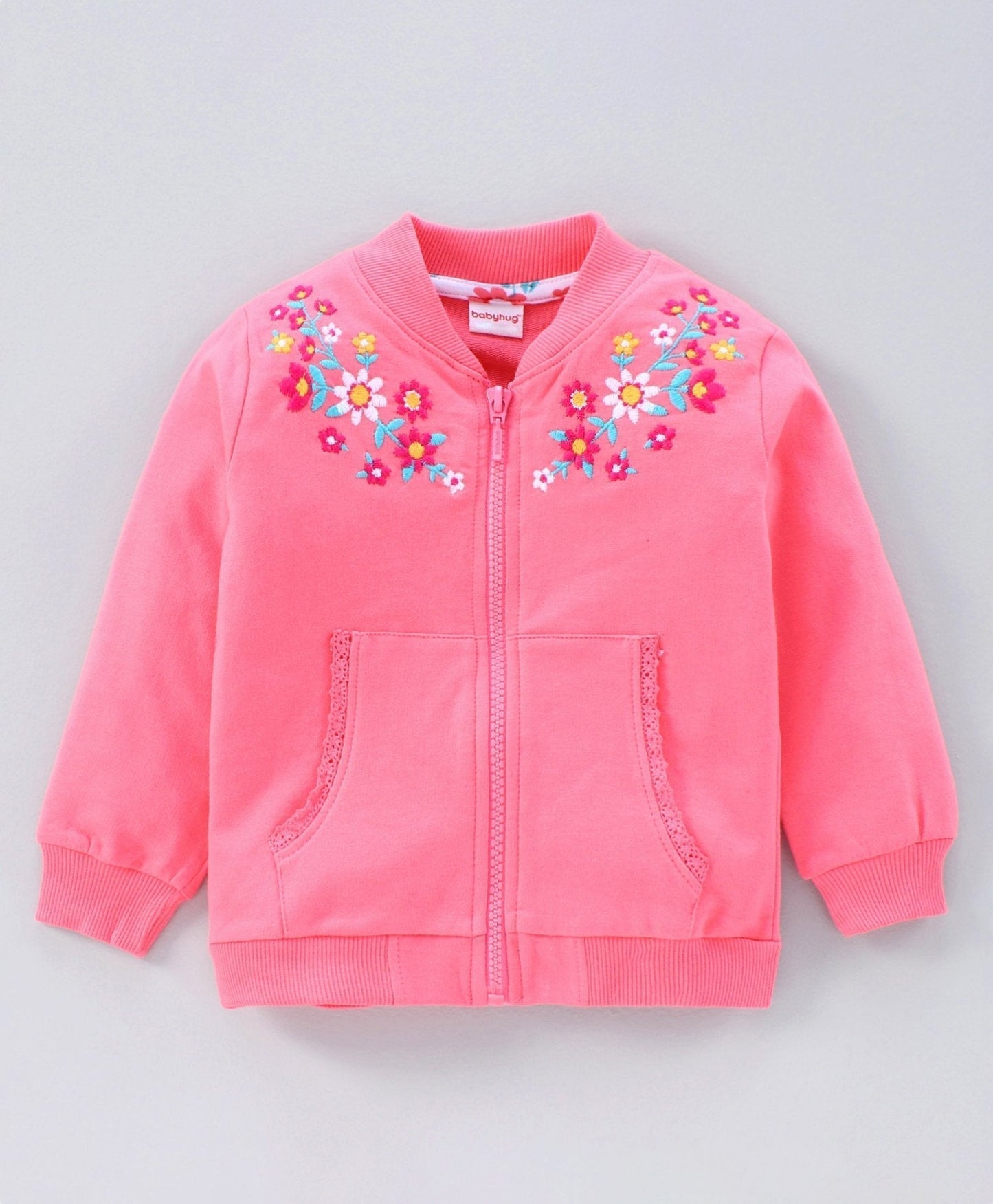 Babyhug Full Sleeves Jacket Top and Jeggings Set Floral Print and Embroidery – Pink