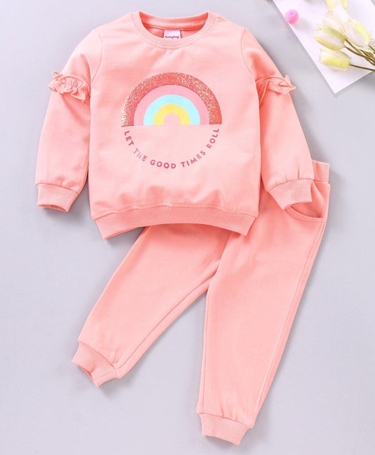 Babyhug Full Sleeves Top & Jogger Rainbow Graphic – Peach