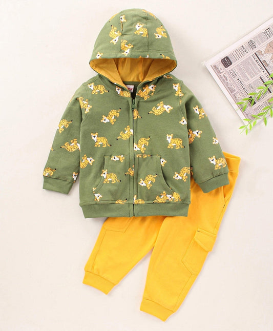 Babyhug Full Sleeves Hooded Tee & Lounge Pant Tiger Print – Yellow Green