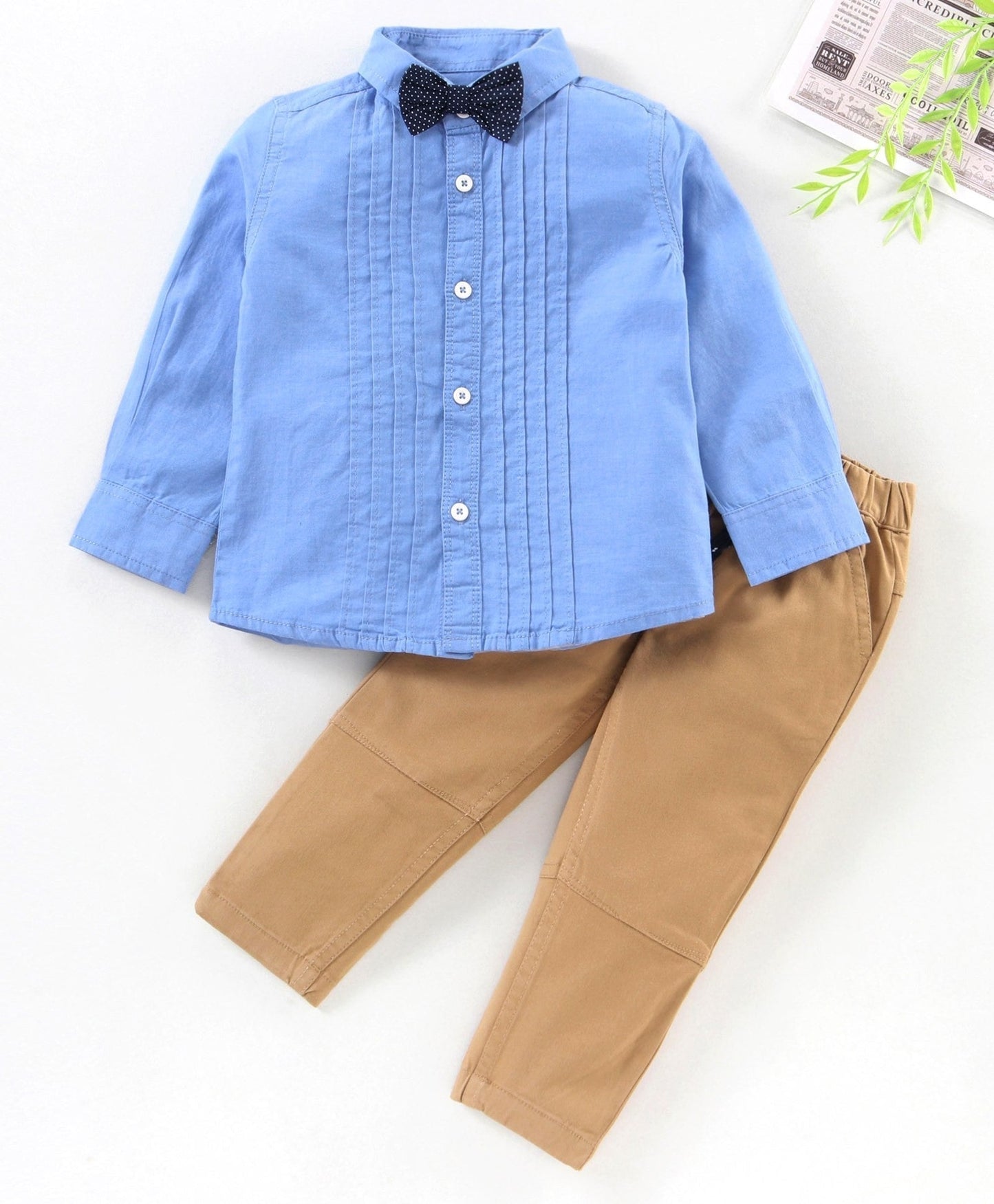 Babyhug Full Sleeves Solid Shirt and Joggers Set with Bow – Blue Khaki