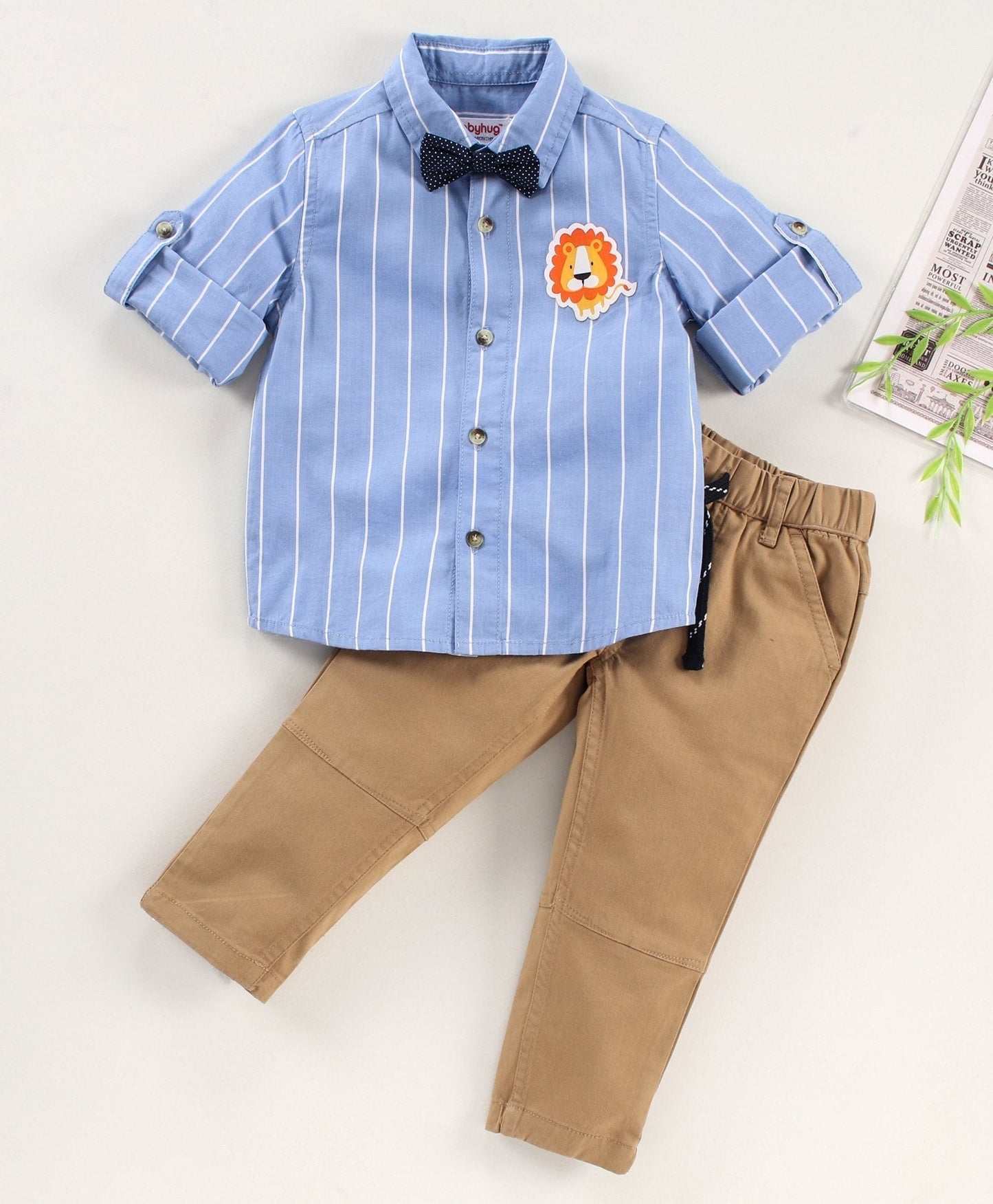 Babyhug Full Sleeves Striped Shirt and Joggers Set with Bow – Blue Khaki