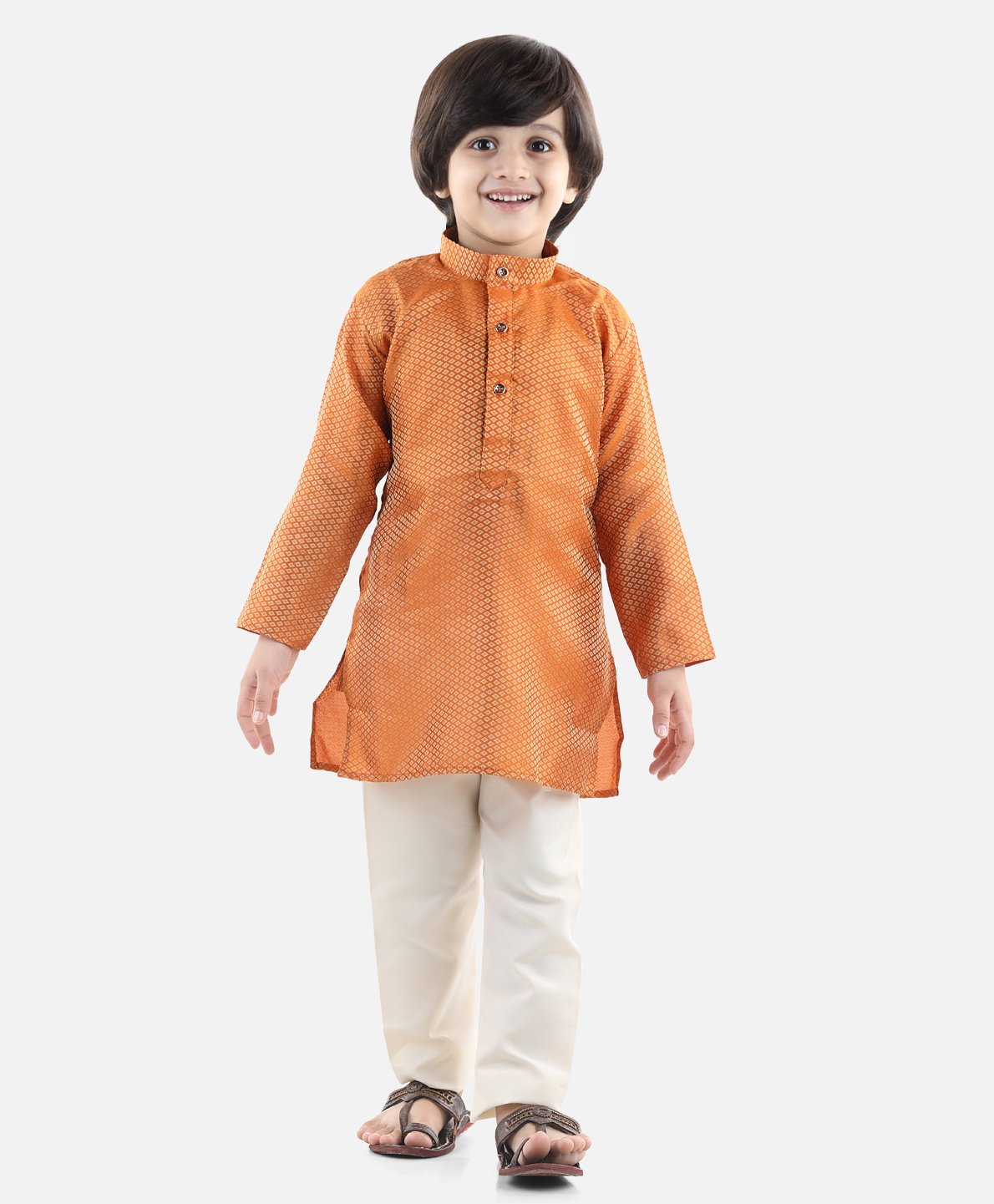 Full Sleeves Jacquard Kurta With Pajama - Orange