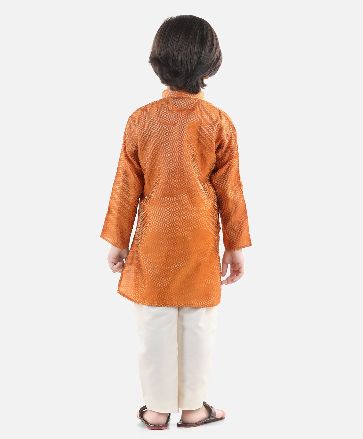 Full Sleeves Jacquard Kurta With Pajama - Orange