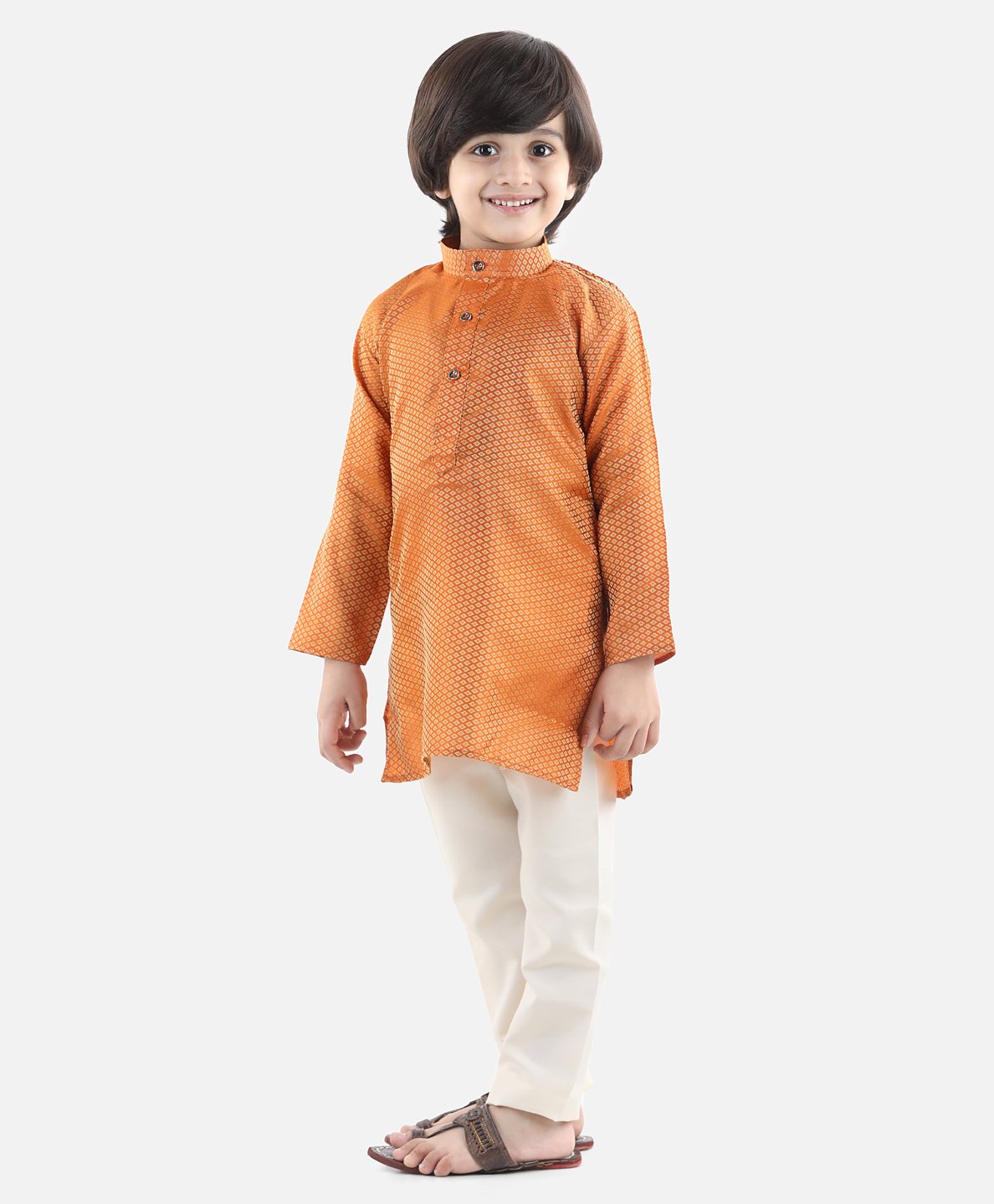 Full Sleeves Jacquard Kurta With Pajama - Orange