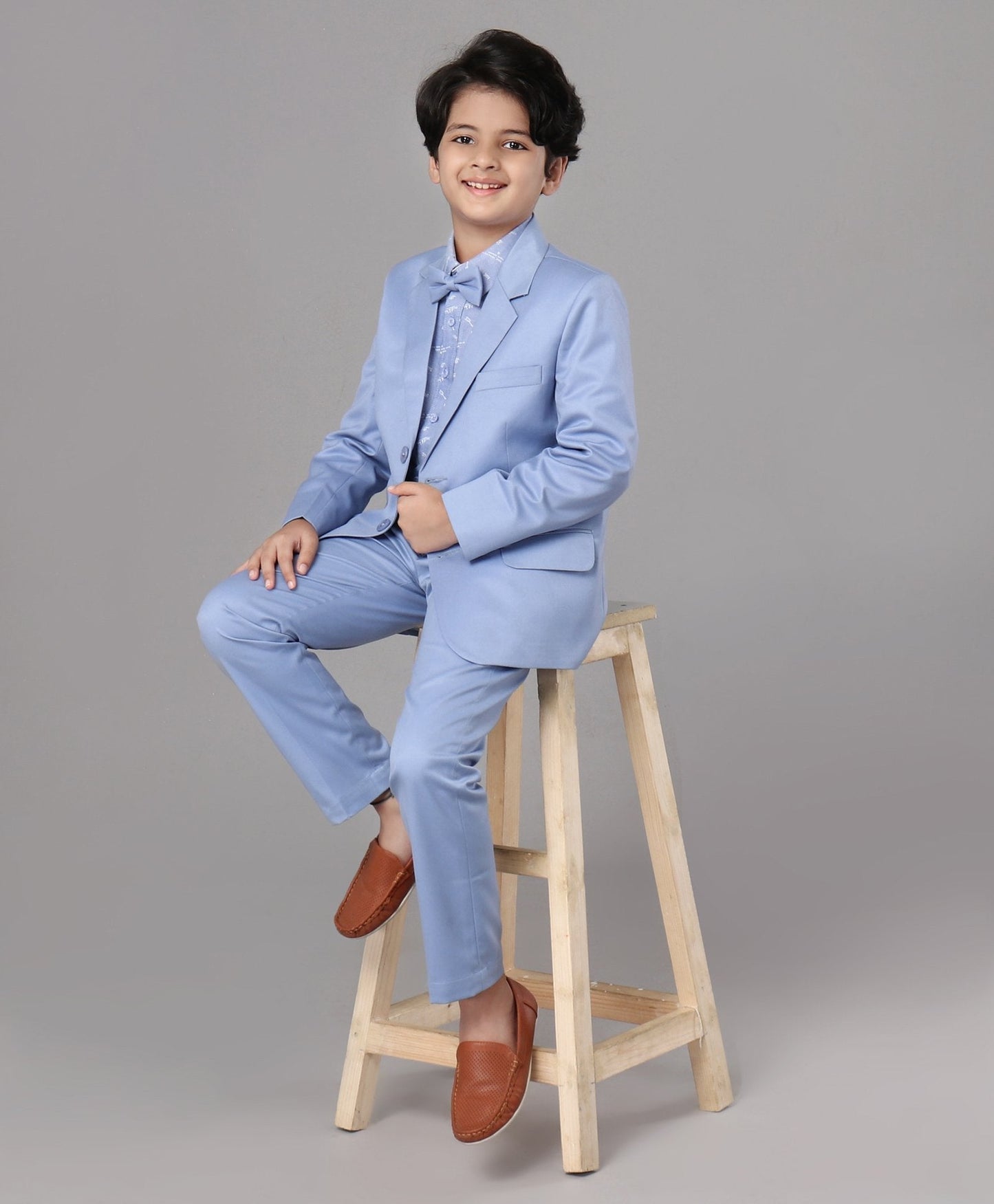 Kids Full Sleeves 3 Piece Party Suit Solid - sky Blue