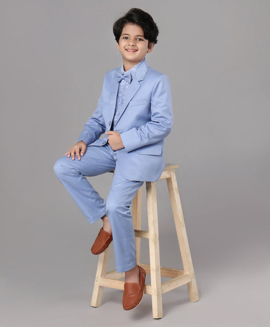 Kids Full Sleeves 3 Piece Party Suit Solid - sky Blue