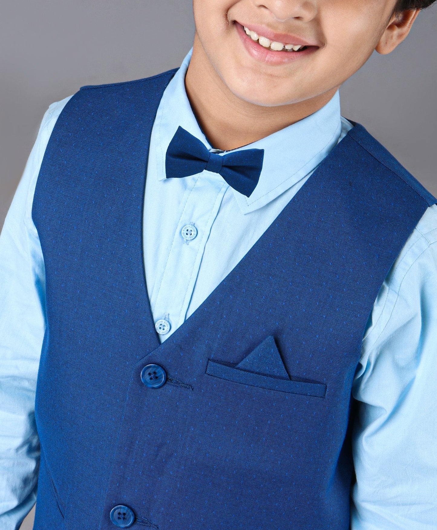 Kids 3 Piece Full Sleeves Party Suit With Bow - Blue