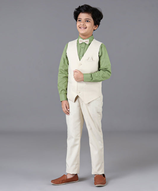 Pine Kids 3 Piece Full Sleeves Party Suit With Bow - White Green